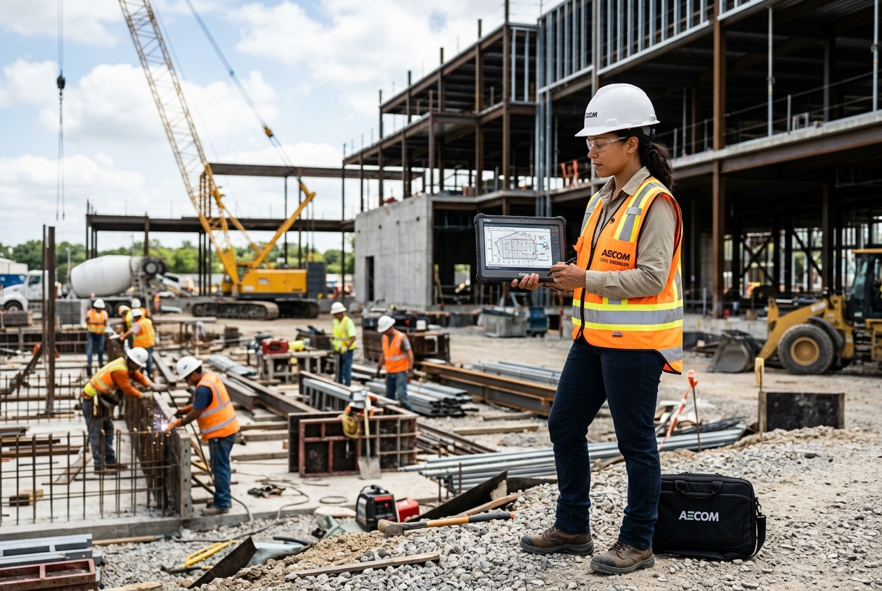 A civil engineer supervising construction site and analyzing tablet data