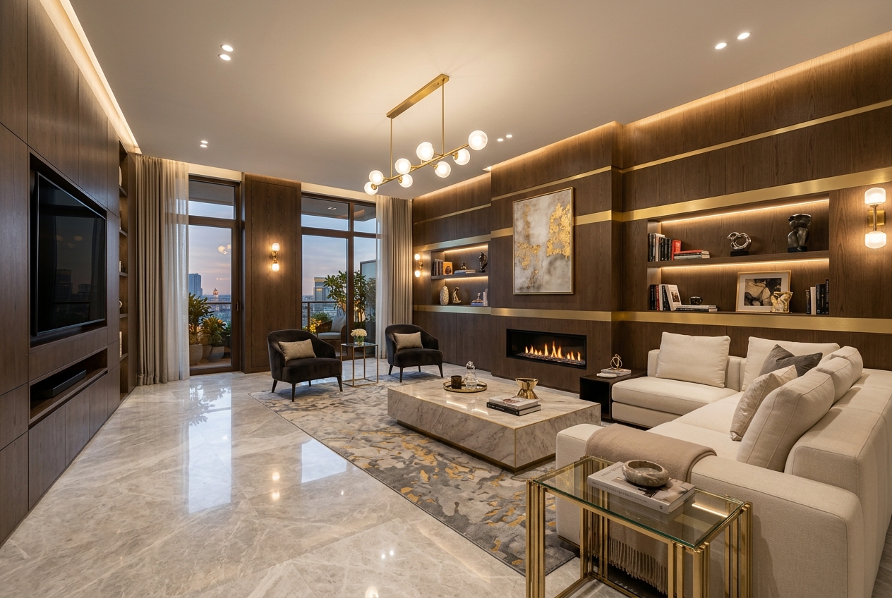 Modern marble and gold interior highlighting premium renovation quality